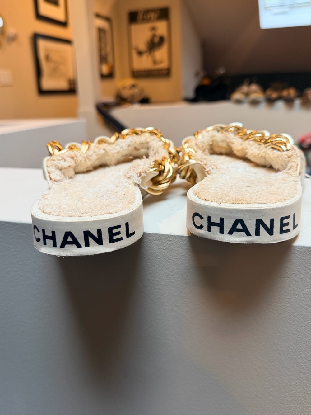 1990’s Vintage CHANEL Terry Cloth Chain Thong Sandals - Picture 3 of 8